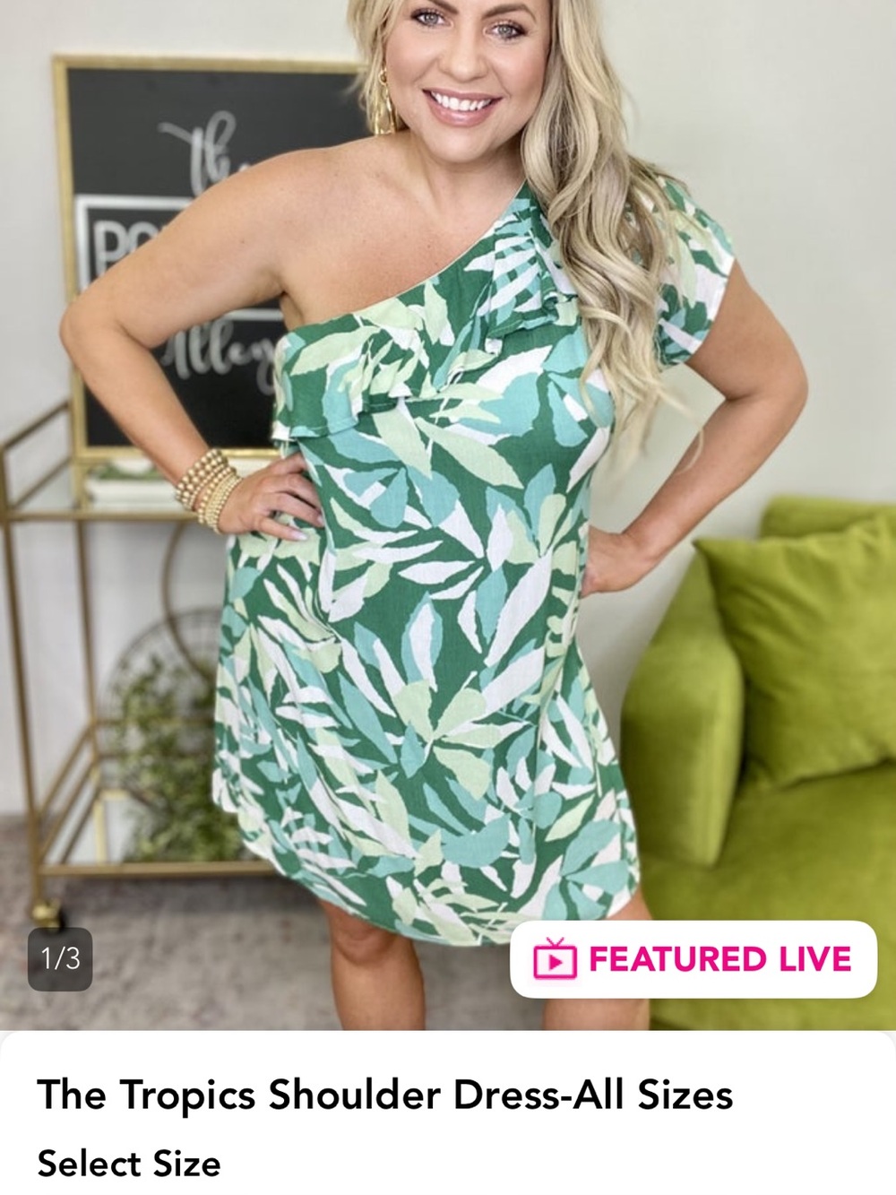 The Tropics One-Shoulder Green Leaf Print Dress